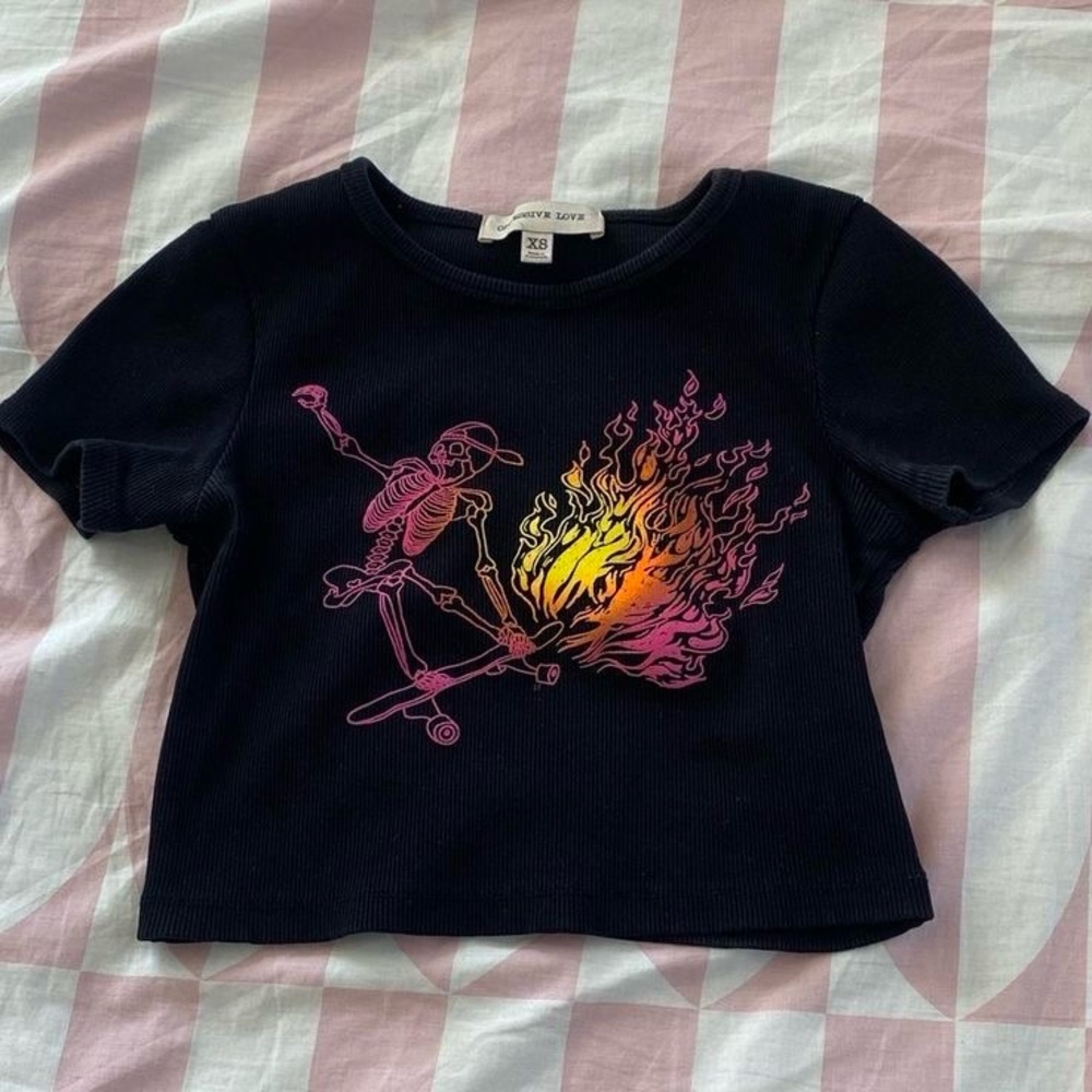Vintage black crop top with skeleton and flames